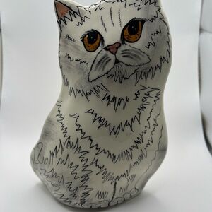 Vtg Cats by Nina Lyman Ceramic Cat Vase FigurinePersian White Cat Gold Eye